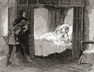 Una escena de la obra de William Shakespeare Rey Ricardo III, Acto IV, Escena 3, Tyrrell: Oh así, dijo Dighton, pon a tus tiernos bebés - Así, así, dijo Forrest, abrazándose uno al otro dentro de su alabastro